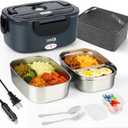 IXIIE Electric Lunch Box 80W Food Warmer for Work, 12V/24V/110V Portable Lunch Warmer for Adults with 2-Pack Stainless Steel Containers, Heated Lunch Box for Car/Truck/Office/Outdoors (Grey+Black)