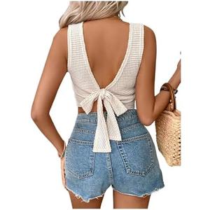 SweatyRocks Women's Tie Backless Lace Tank Top Crewneck Sleeveless Cut Out Crop Tops Medium