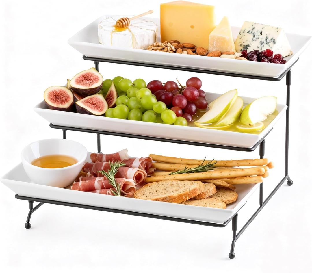 Gomakren 3 Tier Serving Trays Stand 14 Inches Serving Platters Rectangular Large Serving Plates for Party Display Set Collapsible Sturdier Rack, White Serving Trays and Platters (15.7" x 13.5" x 9.2", Black)