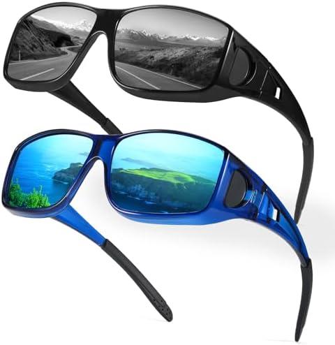 Myiaur Polarized Fit Over Glasses Sunglasses for Men Women, Trendy Wrap Around Sunglasses UV Protection for Driving (2 Pack)