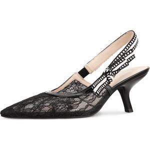 Womens Slingback Kitten Heels Closed Pointed Toe Bowknot Work Pumps Dress Shoes (9, Lace Black)