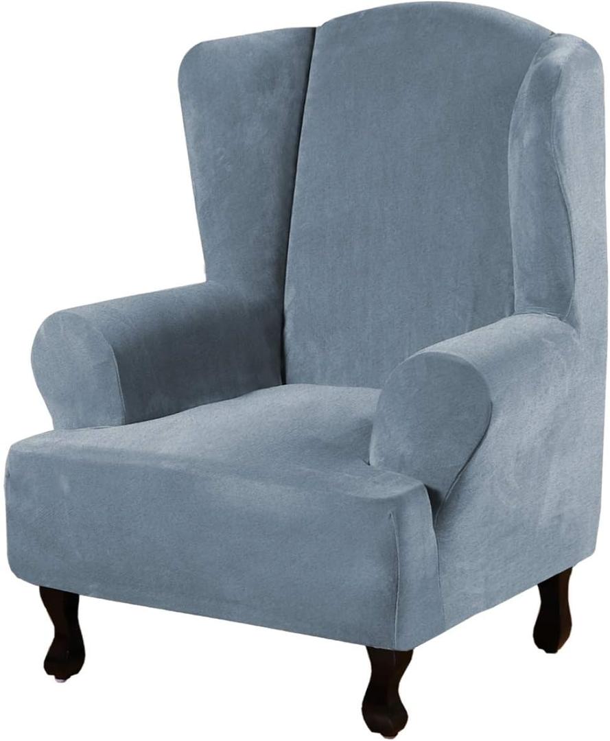 H.VERSAILTEX Wingback Chair Covers Velvet Plush Wing Chair Slipcover 1 Piece High Stretch Wing Back Chair Slipcovers Sofa Cover Furniture Cover with Elastic Bottom, Stone Blue