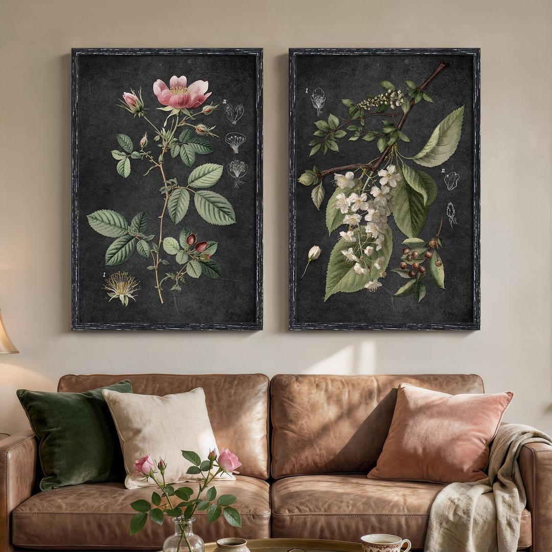 Large Framed Vintage Floral Botanical Wall Art for Living room, 24x36 Inch