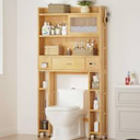Over The Toilet Storage Cabinet with Acrylic Sliding Door Panel, Bamboo Organizer Shelf with 2 Paper Drawers and 1 Big Drawer,Space Saver Rack for Bathroom (Brown