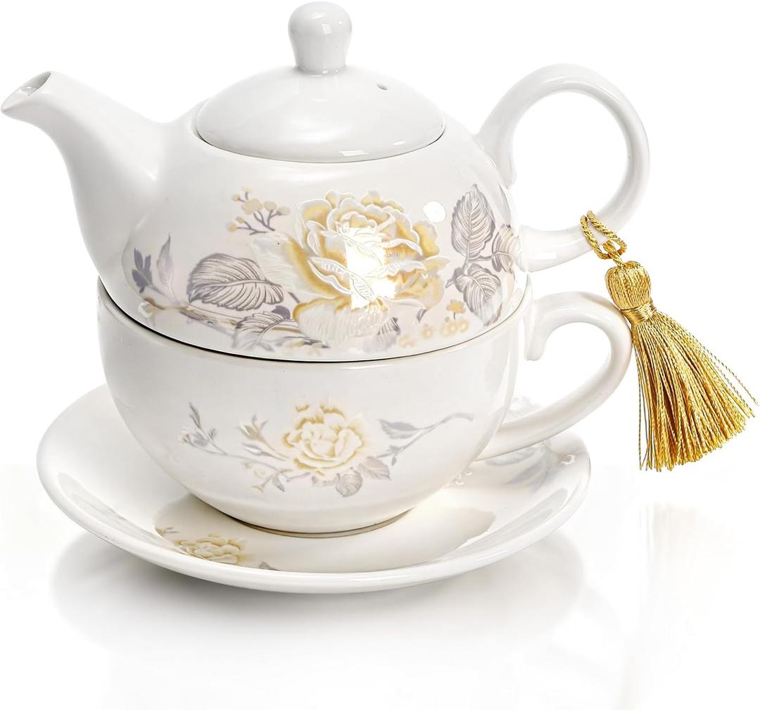 Tea for One Set, Porcelain Floral Teapot Cup Saucer Set with Tassel Decorative, Vintage Bone China Teapot Rose Pattern Gift for Women Home Office, Dishwasher, Microwave Safe