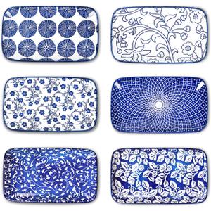 Selamica Rectangular Salad Plates, 7.1 Inch Dessert Plates Ceramic, Small Plates for Appetizer, Snack, Sushi, Fruit, Set of 6, Vintage Blue