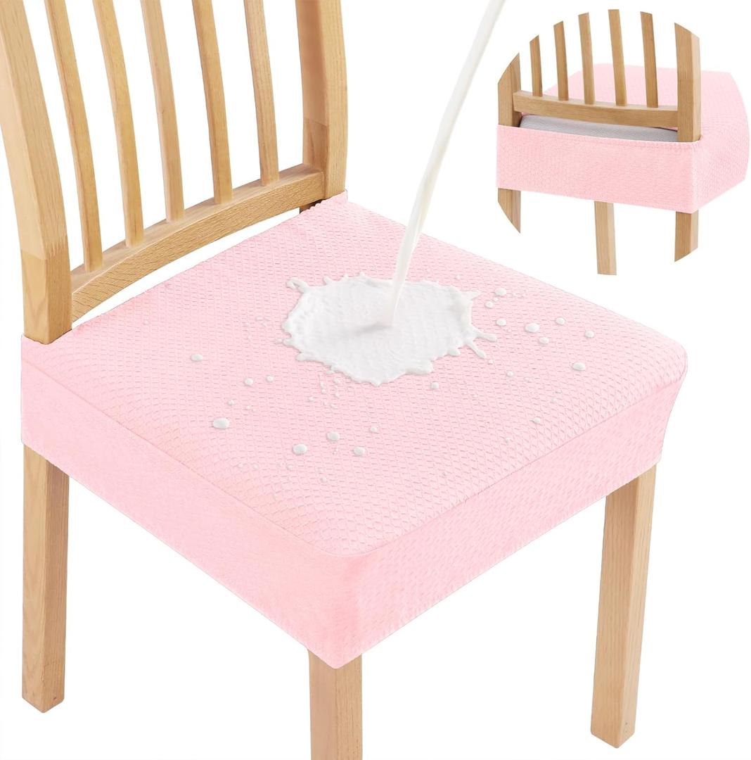 Smiry Waterproof Seat Covers for Dining Room Chairs Set of 4, Stretch Jacquard Removable Washable Chair Seat Slipcovers Protector, No Rear Covers, Blush Pink