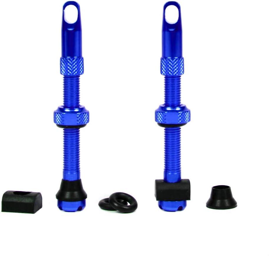 MBP Alloy Tubeless 50mm Bicycle Pro Design Presta Valve Stems Fits Most Rims with 2 Types of Grommets Included for Each stem. Alloy Cap has Built in Valve core Remover Tool. (Blue)