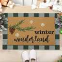 2 Pcs Winter Wonderland Coir Doormats Outdoor Welcome Door Mats Layered Buffalo Plaid Snowflake Front Door Rugs Non Slip Floor Mats for Porch Entryway Indoor Outdoor Decor (Green and White)
