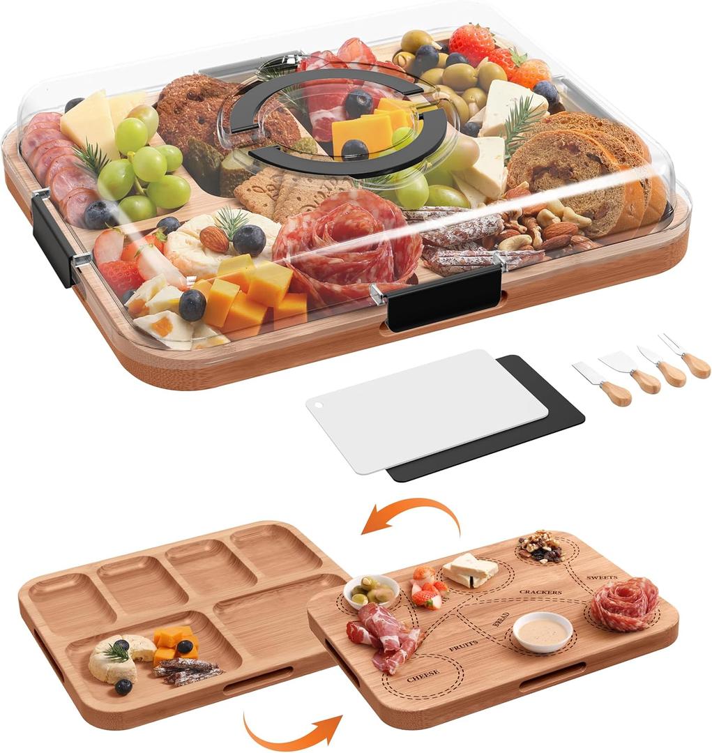 Charcuterie Board with Lid, 2-in-1 Bamboo Cheese & Cutting Board with Engraved Guide, Travel Portable Charcuterie Boxes, Includes 2 Plastic Cutting Mats & 4 Cheese Knives, House Warming Gifts New Home