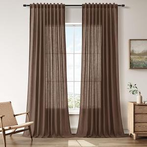 Nanspring Caramel Brown Linen Curtains 102 Inch Length 2 Panels Set Back Tab Rod Pocket Farmhouse Modern Elegant Rustic Semi Sheer Light Filtering Curtain Window Long Drapes for Living Room 52X102