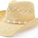 Pro Celia Men Women Cowgirl Straw Western Cowboy Hat (Bead-Beige)
