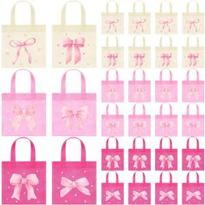 Honeydak 24 Pcs Coquette Pink Bow Party Favor Bags Valentines Non Woven Bow Goodie Bags Cute Pink Party Supplies for Princess Themed Birthday Shower Bachelorette Decoration
