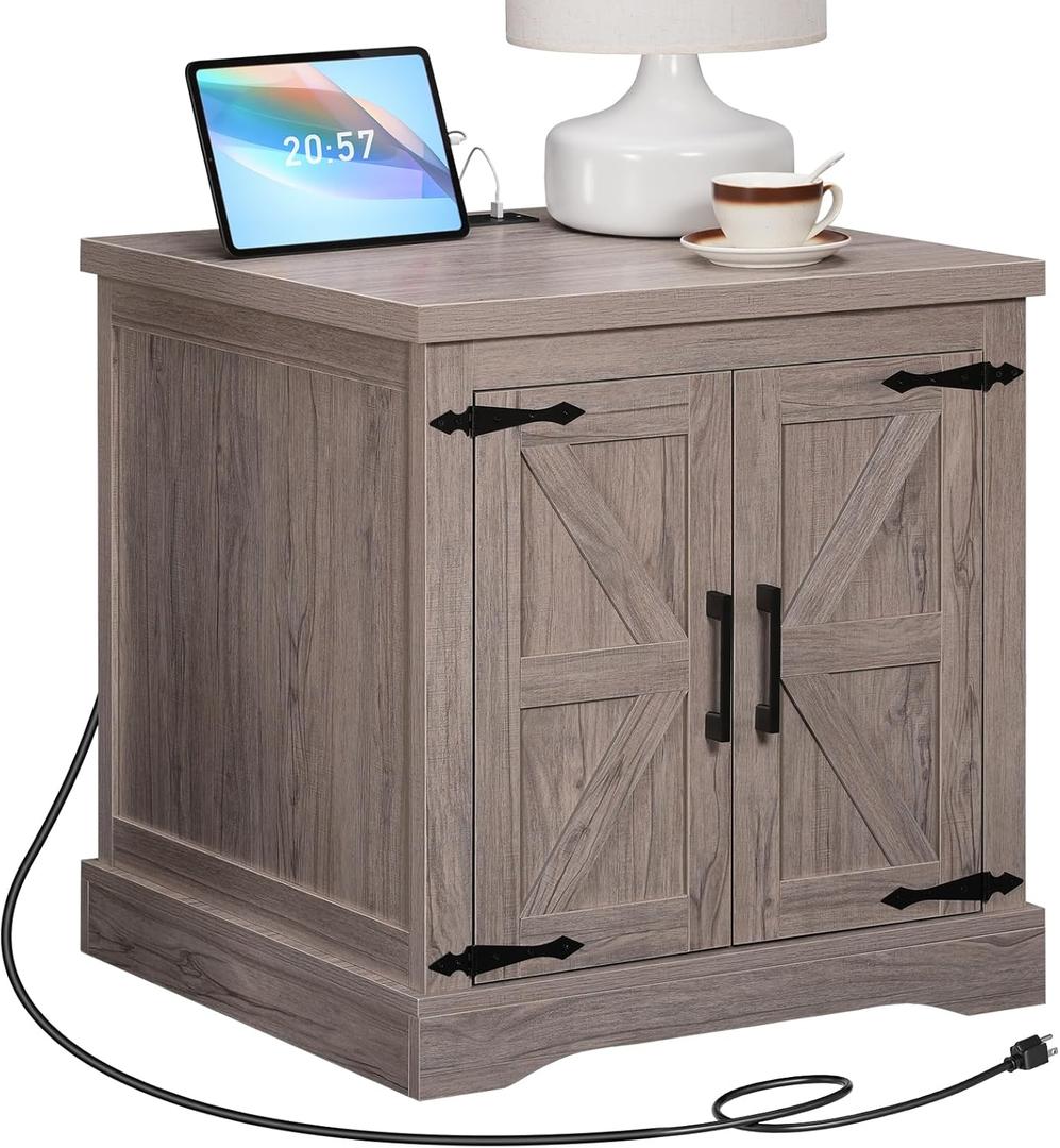 Farmhouse End Table with Charging Station, 24" Large Sofa Table with Barn Door, Rustic Square Grey Nightstand with Adjustable Storage Shelf, Bedside Table for Bedroom, Living Room
