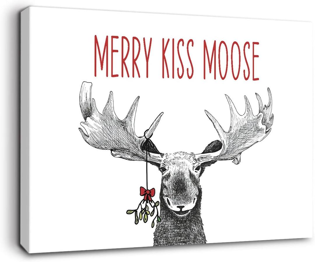 Ryeolo Funny Christmas Moose Wall Art Framed, Moose Christmas Decorations, Farmhouse Holiday Xmas Elk Deer Canvas Wall Art Prints for Home Bedroom Living Room Office Decor, 12x16 Inches