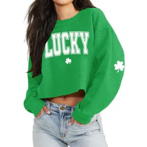 St Patrick's Day Crop Tops for Women Irish Shamrock Graphic Shirt Funny Lucky Clover Long Sleeve T-Shirt Tops (Green-1), Size Medium