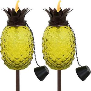 Sunnydaze Tropical Pineapple Glass Patio Torches Set of 2 - 23 to 63-Inch Outdoor Lawn Torch, Garden, Deck & Backyard - Yellow