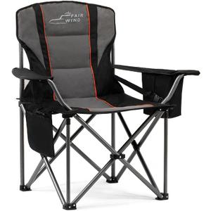 FAIR WIND Oversized Fully Padded Camping Chair with Lumbar Support, Heavy Duty Quad Fold Chair with Cooler Bag, Support 450 LBS, Black (Single Pack)