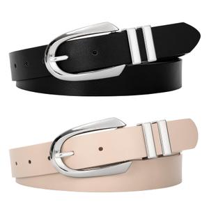 JASGOOD Women Leather Belt Fashion Waist Belt for Pants Jean Ladies Faux Leather Dress belt with Gold Buckle 2 Pack,Black+White (Beige)