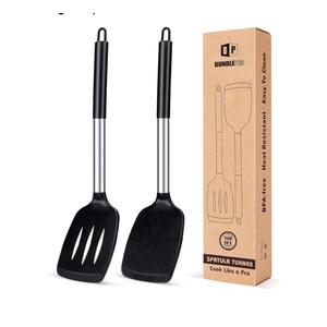 Pack of 2 Silicone Solid Turner, Non Stick Slotted Kitchen Spatulas, High Heat Resistant BPA Free Cooking Utensils, Ideal Cookware for Fish, Eggs, Pancakes (Black)