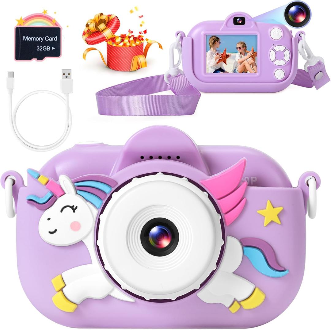 Kids Camera Toddler Toys for Girls Boys, YEEHAO 32MP Dual Lens Digital Camera for 3 4 5 6 7 8 9 Year Old Girl Christmas Birthday Gifts, 1080P Selfie Video Camera for Kids with 32GB SD Card (Bright Purple)