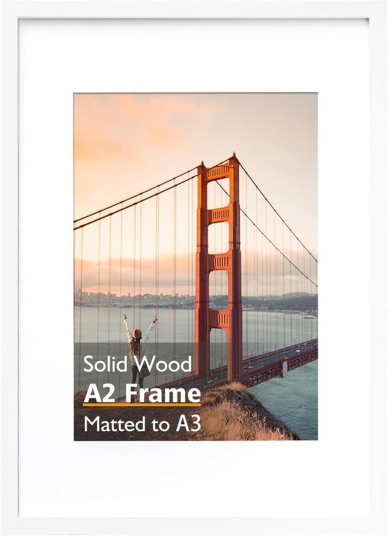 KINLINK A2 Picture Frame, White Solid Wood Frame with Acrylic Plexiglass 16.5 x 23.5 Frame for Pictures A3 with Mat or A2 without Mat, Wall Mounting Display Photo Frame 1 Pack