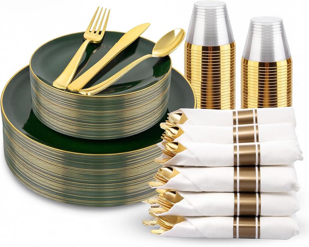 KIRE 175PCS Green Plastic Plates with Gold Rim - Heavy Duty Green Plates Disposable Include 50 Fancy Plastic Plate, 25Pre Rolled Napkins 25 Cups For Party/Wedding/Spring