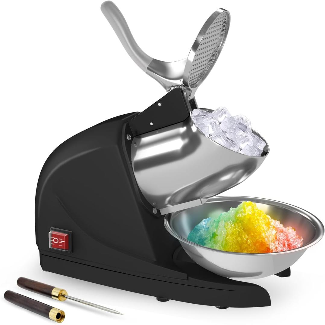 Shaved Ice Machine 380w Snow Cone Machine 3 Stainless Steel Blades Ice Shaver Machine Electric Ice Crusher 280lbs/hr Snow Cone Maker for Home and Commercial with Ice Pick(Black)