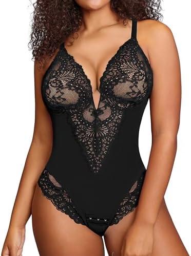 Popilush Shapewear Bodysuit for Women Lace Corset Tops for Large Bust Tummy Control Low Back V Neck Thong Bodysuits, L