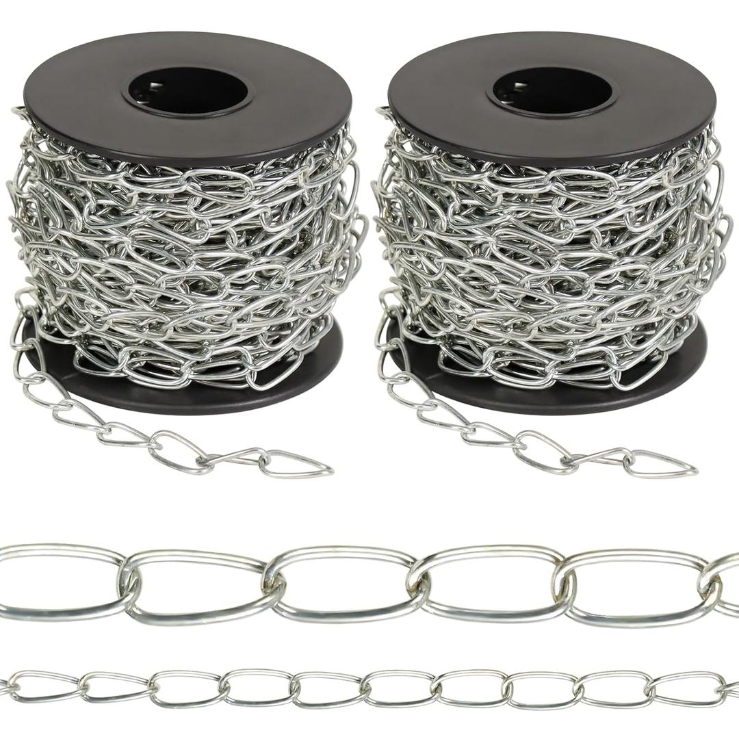 2Pack Jack Chain with Spool, 60Ft Totally Galvaniz Iron Hanging Chain, Metal Link Chain for Hanging Plants, Bird Feeders, Overhead Lights, Silver (16mm*18m)