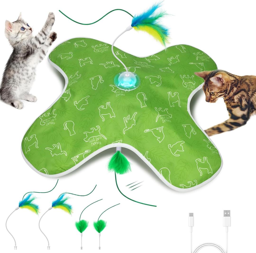 2 x Interactive Cat Toys Rechargeable, Hide and Seek Kitten Toy with Touch Activated, Moving Concealed Feather, Tumbler Toy Design, Automatic Cat Toys for Indoor Cats to Chase and Exercise (Green)