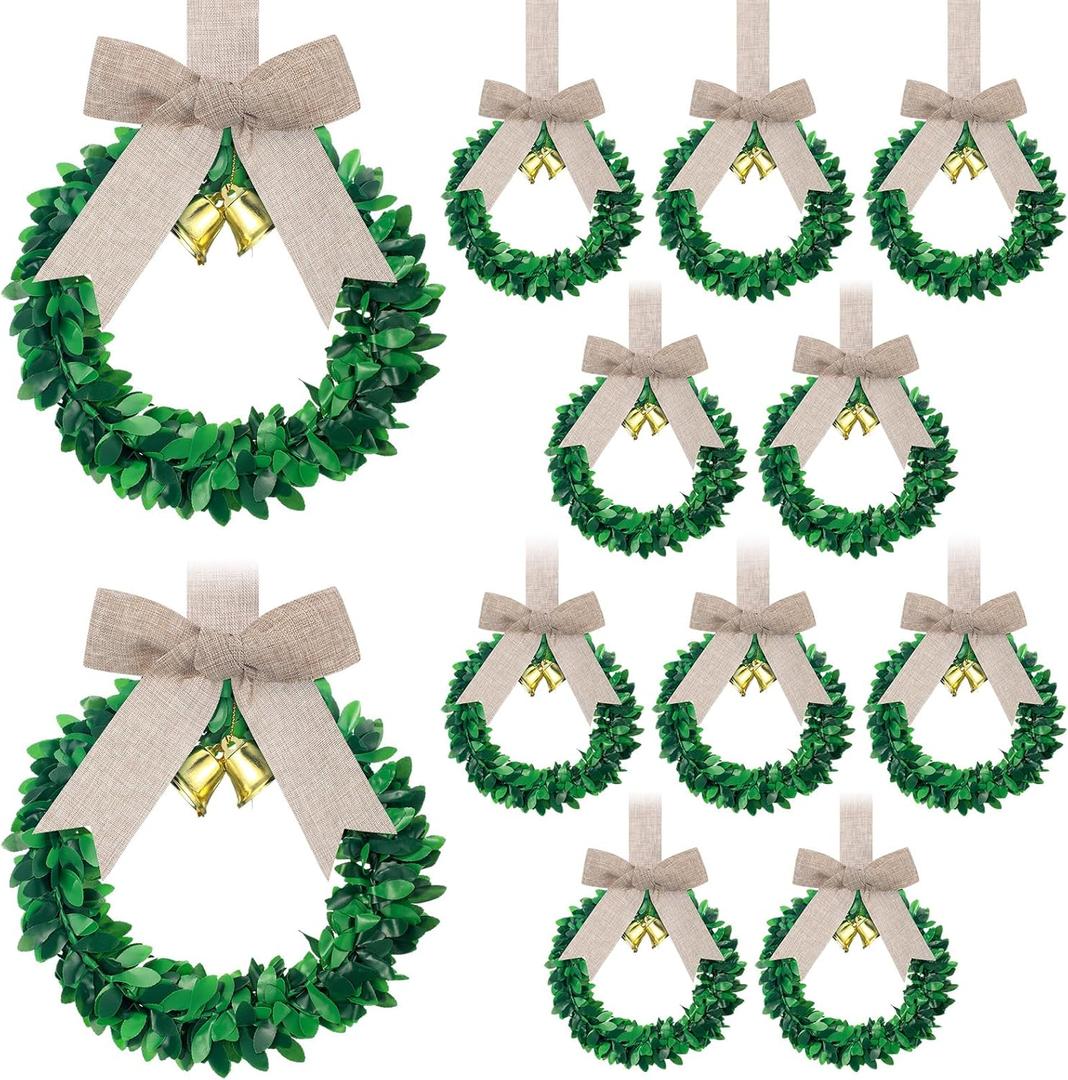 Syhood 12 Pieces 6" Christmas Kitchen Cabinet Wreaths with Ribbon Gold Bells Mini Christmas Wreath Small for Kitchen Window Front Door Xmas Holiday Indoor Home Decor (Flax,Linen)