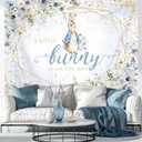 Bunny Themed Baby Shower Backdrop Blue Floral Rabbit Easter Party Decoration Supplies Newborn Birthday Boys Baby Shower Photography Background Cake Table Banner Photo Booth Studio Props 7x5ft