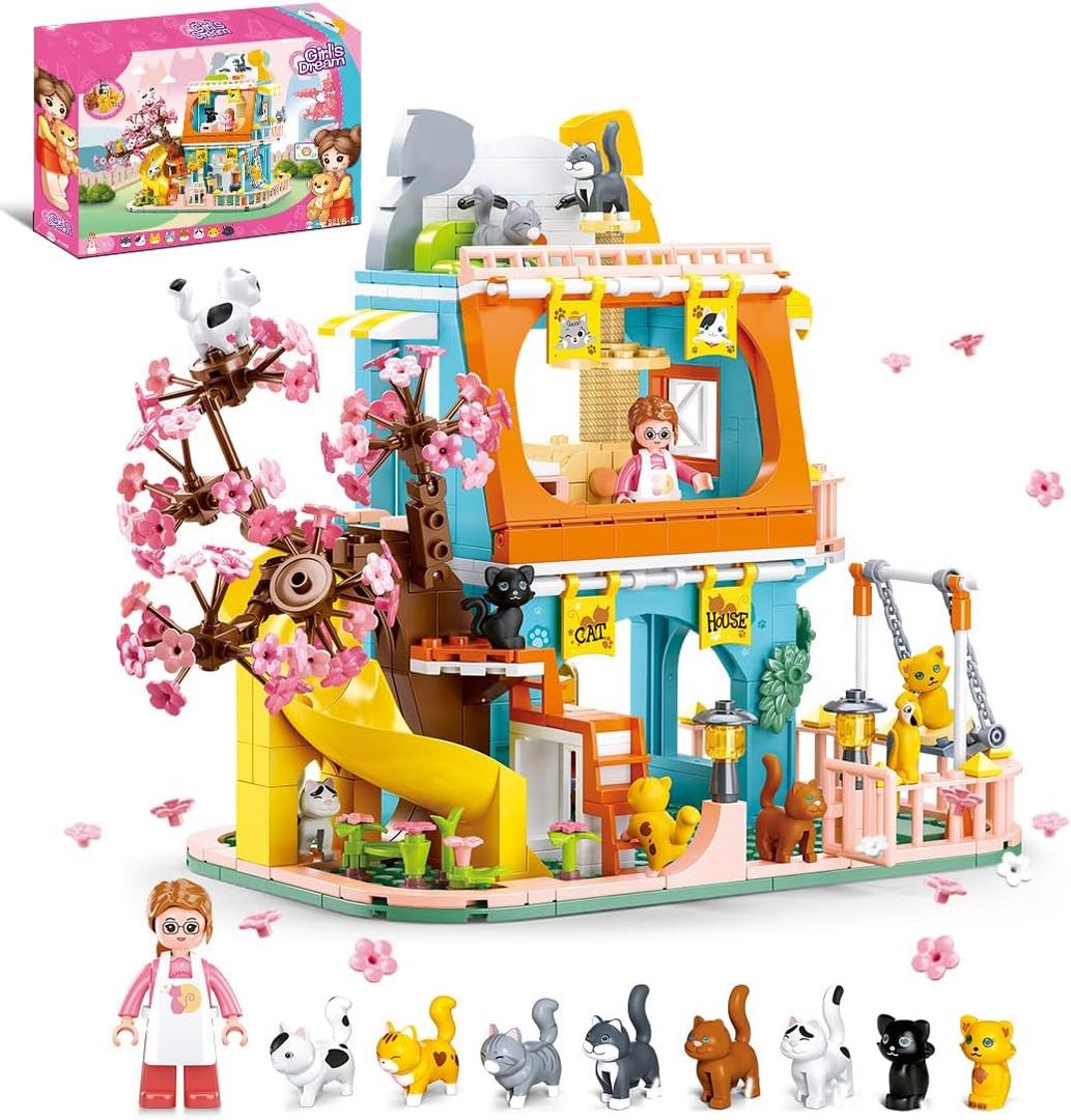 Cat House Building Set, Animal Playground Crossing Toy with 8 Cats and a Doll Minifigures Compatible with Lego Friends Pet Sets, Easter Gift Idea for Girls Kids Aged 6-12