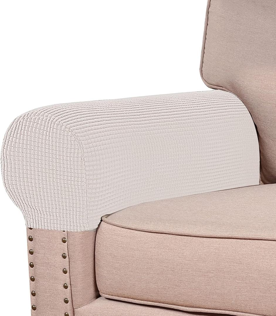 Turquoize Stretch Armrest Covers for Chairs and Sofas Couch Arm Covers for Sofa Spandex Jacquard Armrest Cover Anti-Slip Furniture Protector Armchair Slipcovers for Recliner Set of 4, Ivory White