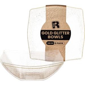 R-kay 6 Pack Extra Large Gold Glitter Serving Bowl - 128 Ounce Gold Plastic Serving Bowls For Entertaining - Plastic Bowls For Salads And Snacks - Disposable bowls For All Occasions
