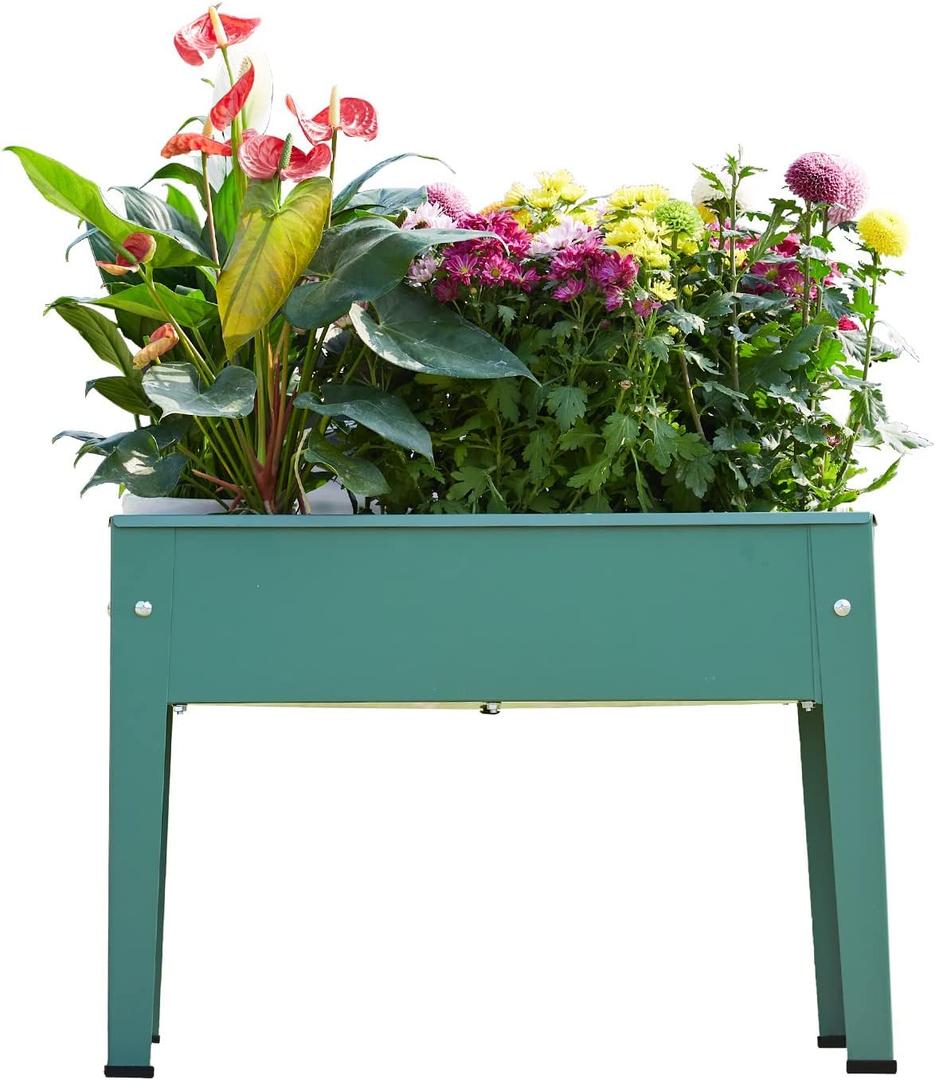 Raised Garden Bed, Elevated Planter Green Metal Plant Box with Legs Standing Garden Stand Drainage Holes Green