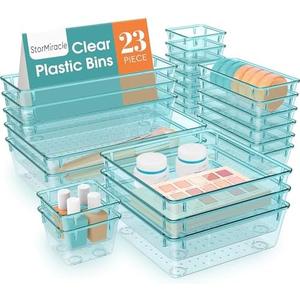 StorMiracle 23 PCS Drawer Organizer Set, 5 Varied Size Bathroom and kitchen Drawer cabinet organizer Trays, Clear Storage Bins for Makeup, Jewelry, Utensils and Gadgets