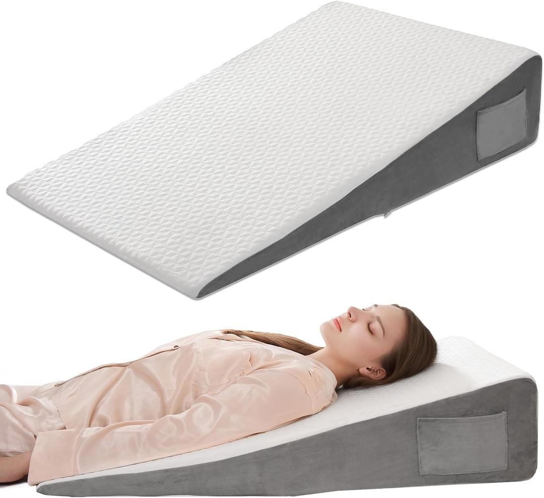 Vekkia 34" Extra-Long Wedge Pillow, Back & Arm Support, Bed Wedge Pillow for Sleeping After Surgery, Acid Reflux, Snoring Relief, Removable Washable Cover & Double Side Pockets, 7.5" Height, Gray, Longer Wedge Pillow