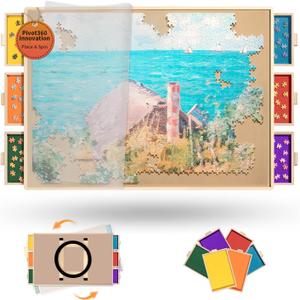 1500 Pieces Puzzle Board Pro 34" x 25", with 6 Drawers & Cover, Sort-Wise Colorful Felt Drawers, Wooden Jigsaw Puzzle Board, Birthday Gifts for Mom