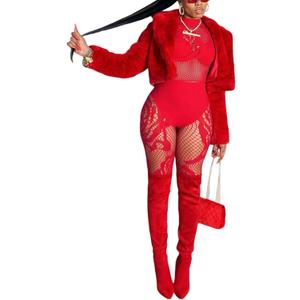 Women's Sexy Fishnet Seamless 2 Piece Outfits Mock Neck Long Sleeve Crop Top Legging Set Club Lingerie Sets (Red), One Size 2-14