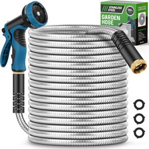 Garden Hose 100FT, Water Hose with 10 Function Nozzle, Garden Hose Metal with Leak-proof Connectors, No-Kink, Lightweight, Puncture-proof, Pet-proof, Sturdy, 550PSI, Hose for Outdoor, Yard (Silver)