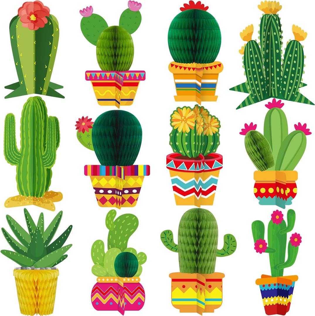 Zonon 12 Pcs Cinco De Mayo Cactus Party Decorations Mexican Fiesta Honeycomb Table Centerpieces Mexico Garland Cutouts Decor for Fiesta Baby Shower Favor Cactus Theme Classroom Birthday Party Supplies
