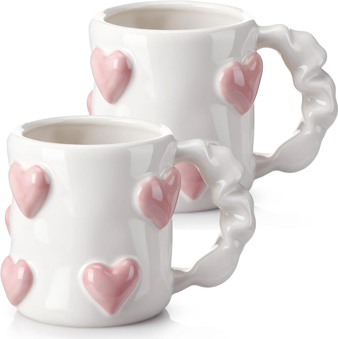 2 Pcs 17oz Valentines 3D Heart Coffee Mugs Pink Heart Ceramic Cups with Handle Valentines Couple Mugs Cute Handmade Relief Cups for Office Home Anniversary, Wedding Engagement Couple Gifts