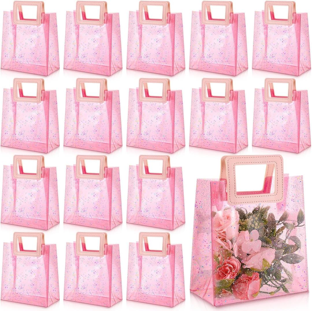 Jetec 20 Pcs Pink Clear PVC Gift Bags with Handles Bulk Glitter Party Favor Bags Reusable Tote Bag for Wedding Welcome, Bridal Shower, Bachelorette, Birthday, 7x4x8.