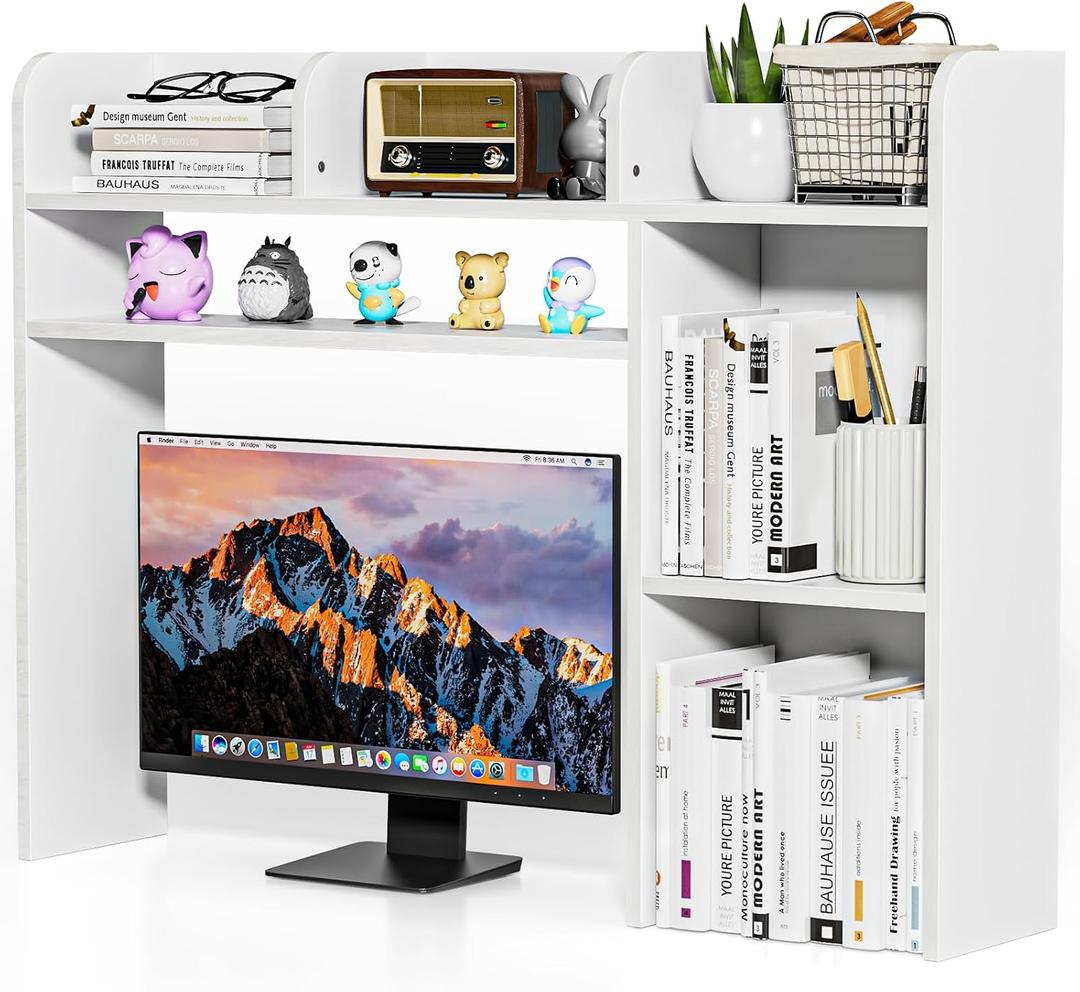 YGYQZ Desktop Bookshelf, White Desk Hutch with 6 Shelves for Computer Desk, Multipurpose Wood Desk Shelf Storage Organizer for Dorm Office Home, 7.87 x 37 x 28.74 inches