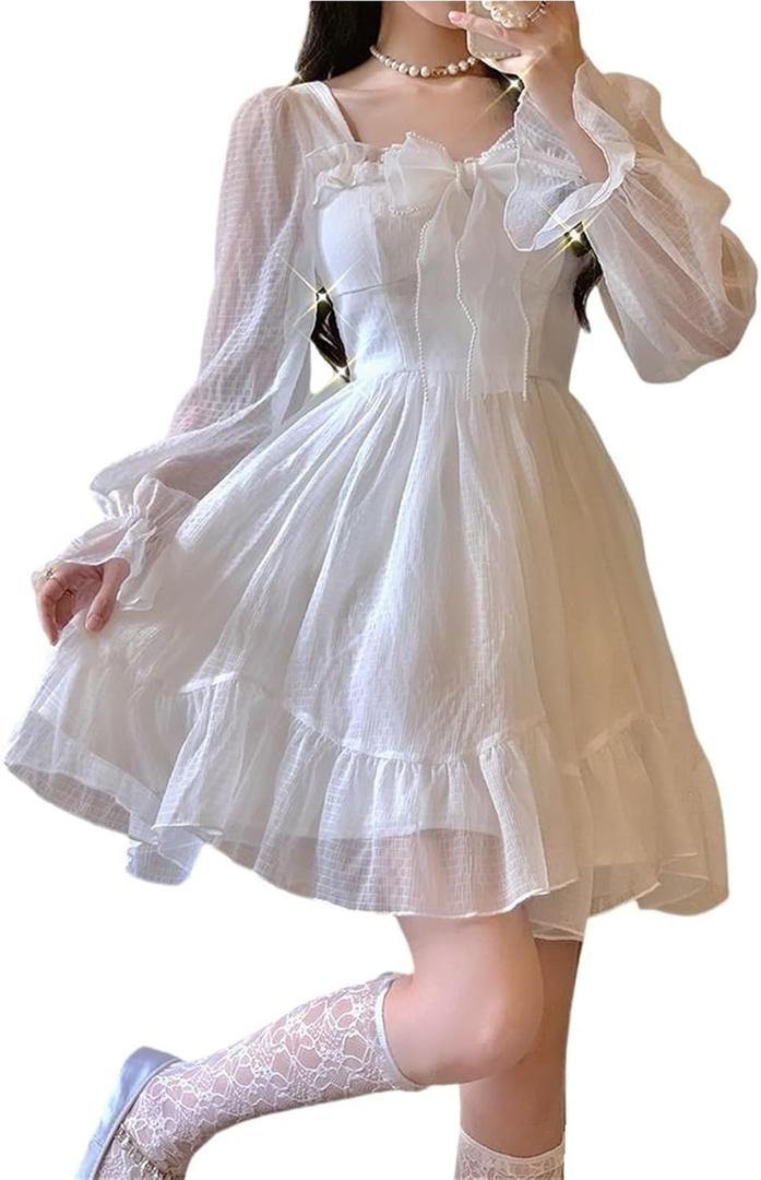 Lolita Dress White Kawaii Dress Women Chiffon Lolita Long Sleeve Mini Dresses Bow Fairy Robe Ruffles (White, M)