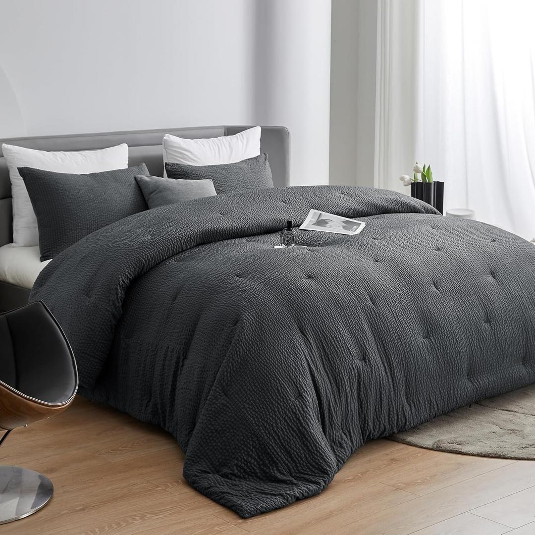 HOMBYS 3 Piece Seersucker Oversized King Comforter Set 120x120, Breathable Grey Soft Comforter Set, Lightweight Bedding Comforter Sets with Comforter for All Season (Dark Grey)
