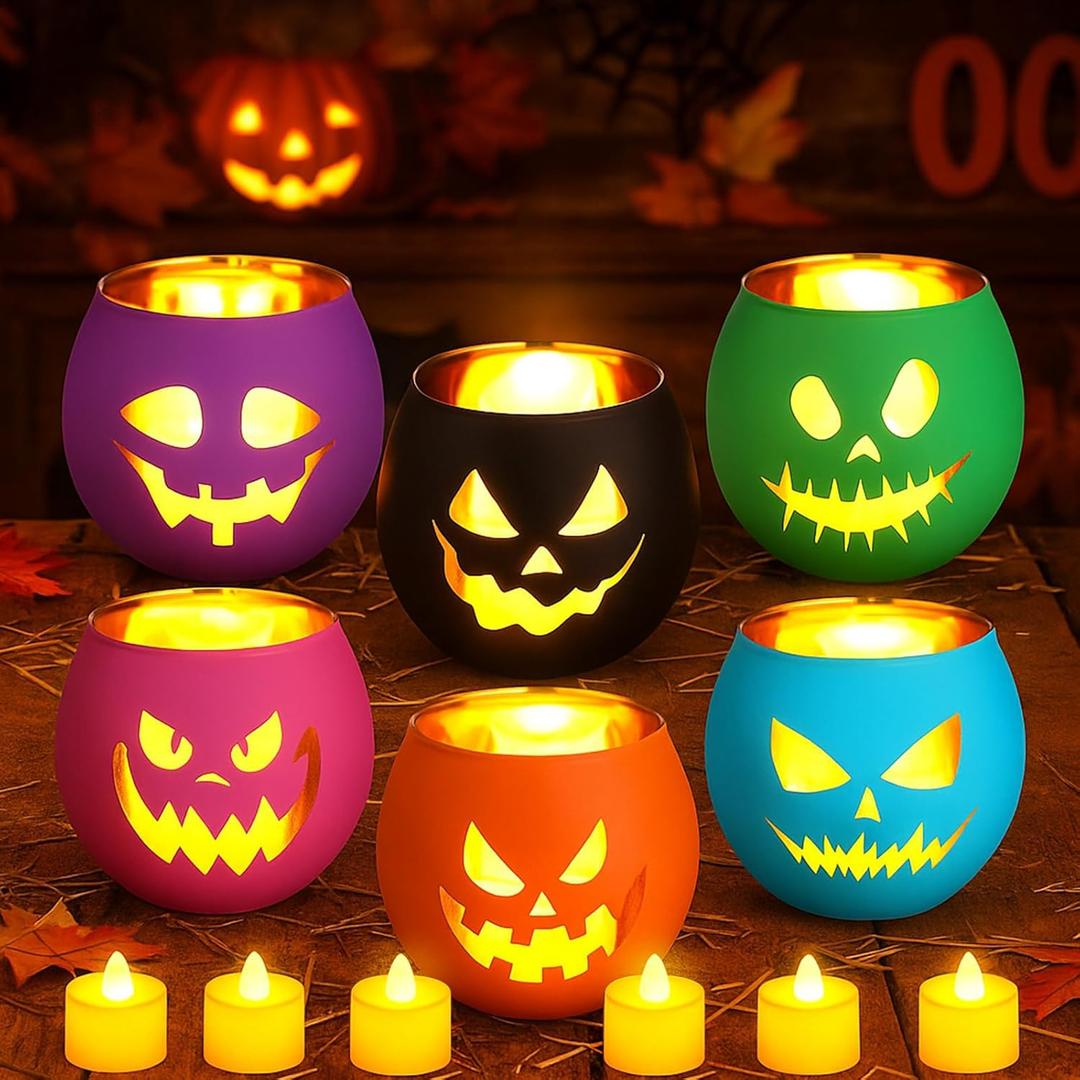 VIHOSE 6 Set Halloween Candle Holders Grimace Glass Votive Holder Tea Light with LED Battery Operated Candles Halloween Table Decorations for Home Table Centerpiece Decor Gifts