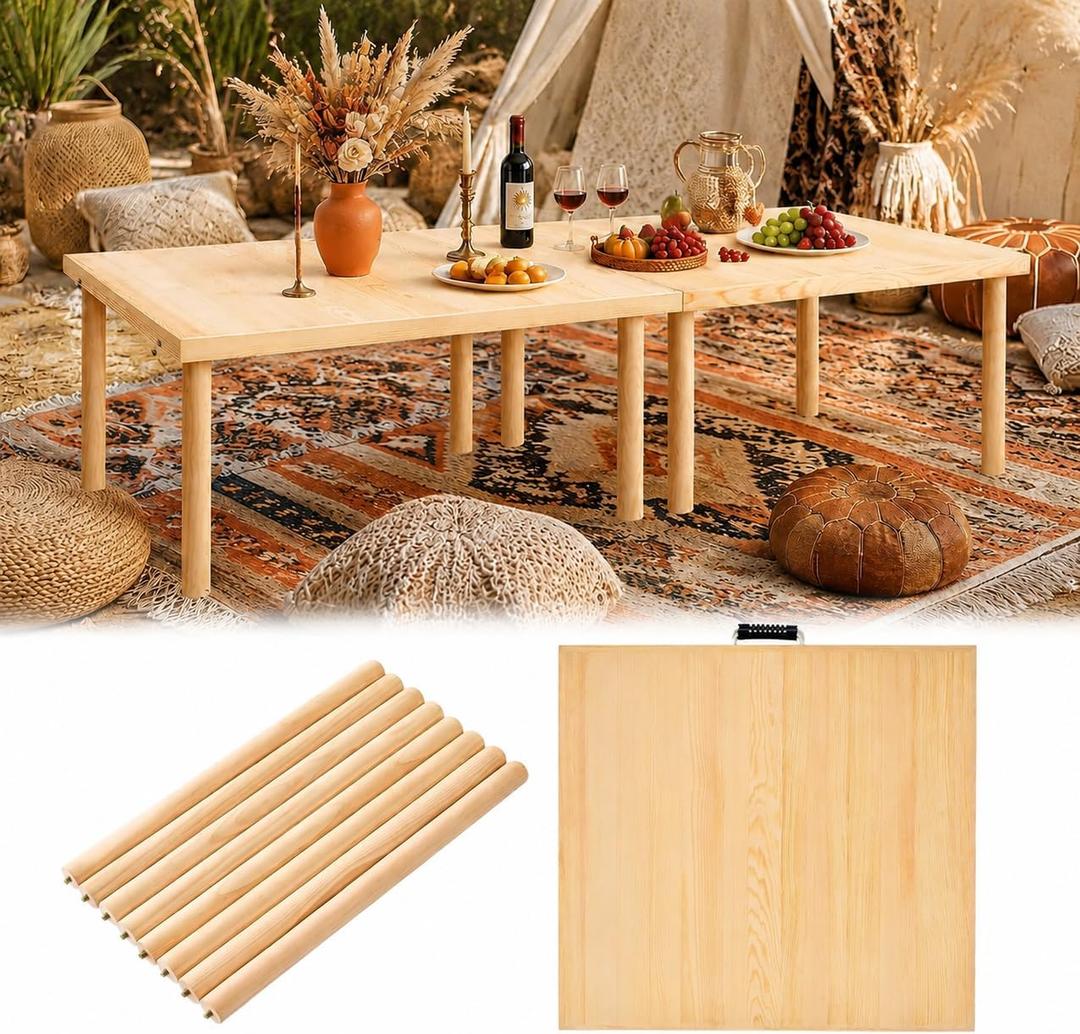 60"x30" Boho Wooden Picnic Table, Portable Wood Picnic Desk,Solid Wood Picnic Table, Boho Low Picnic Floor Desk for Beach, Camping, Backyard, Floor Seating, 60" x 30" x 18.5"